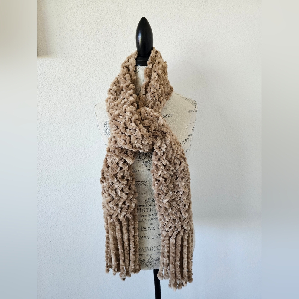 Chunky Caramel Chenille Scarf Ultra-Plush Hand-Knitted Fringe Wrap Soft Velvet